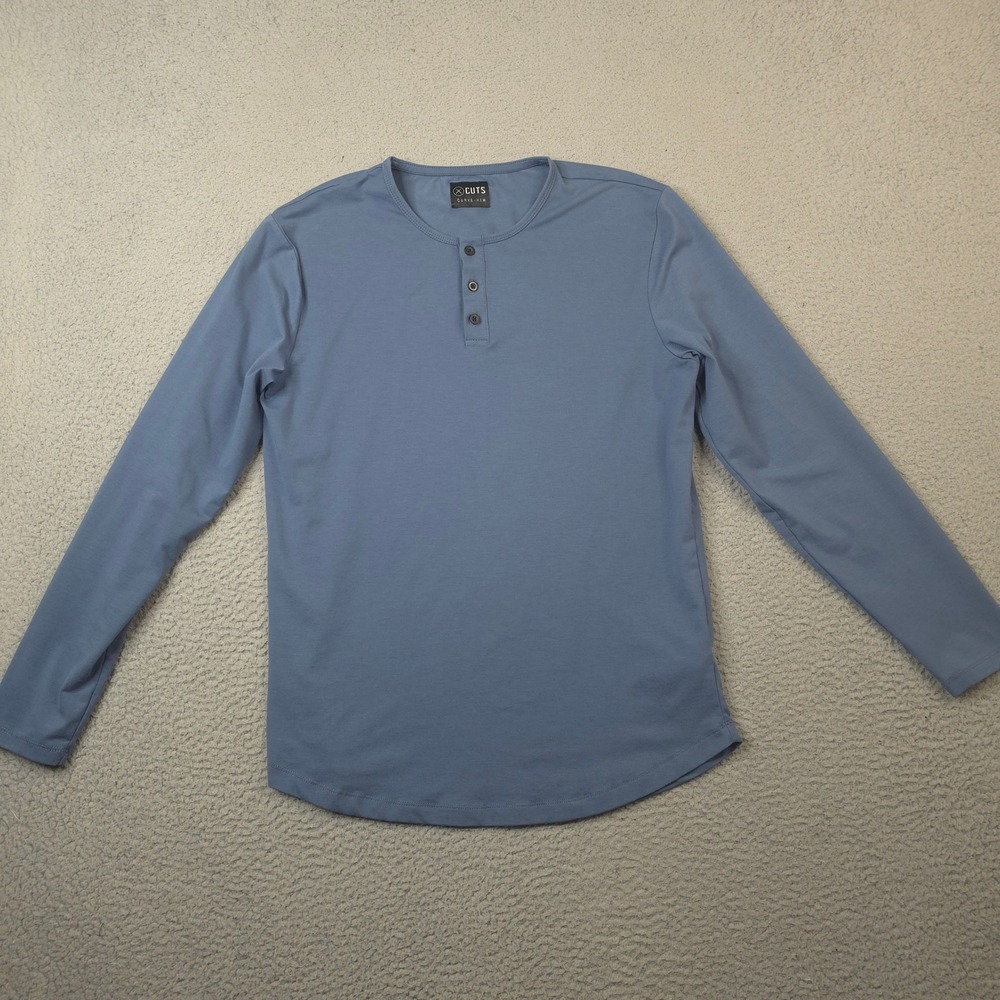 Cuts Clothing Mens‎ Large Curve-Hem Henley Long Sleeve Shirt Blue PYCA Pro